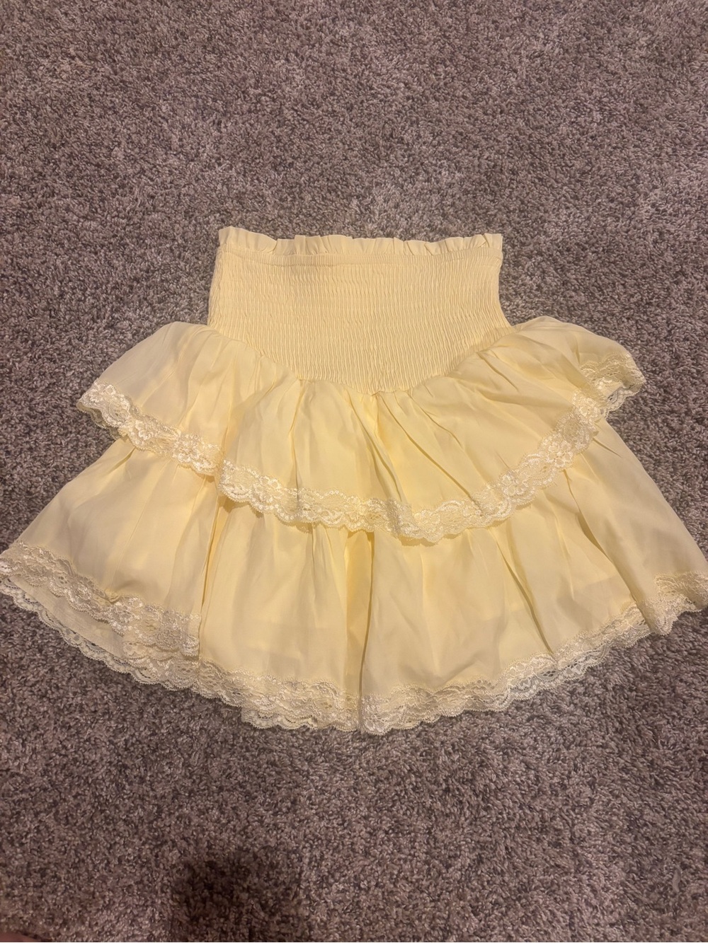 Smocked Tiered Lace Trim Yellow Women's Skirt